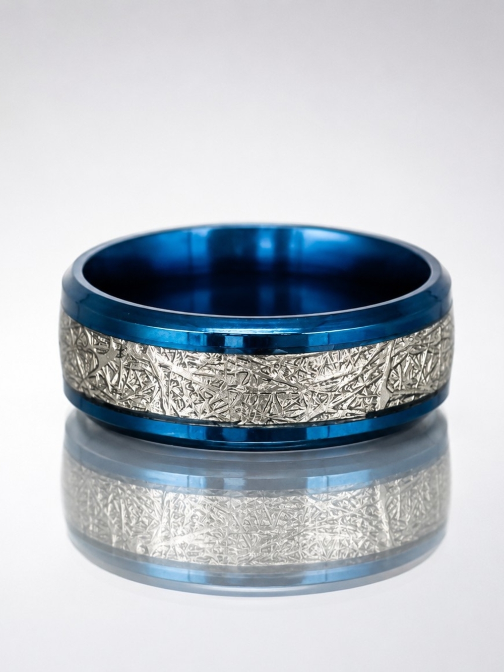 Blue and Silver Steel Men’s Textured Inlay Ring Size 9